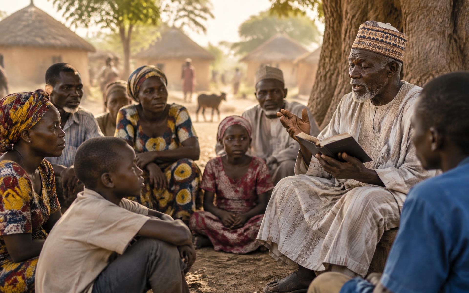 Community members in rural Nigeria listening as an elder reads Scripture aloud